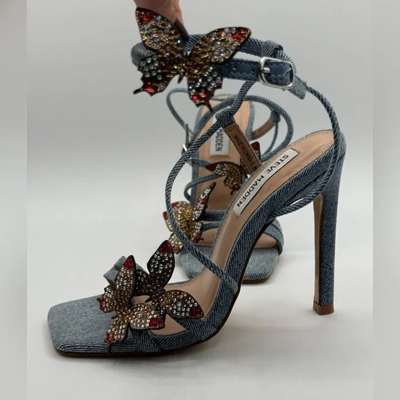 Steve Madden Uma/Uma Denim Butterfly Rhinestone Stiletto Heels Embellished Ankle - Picture 15 of 17